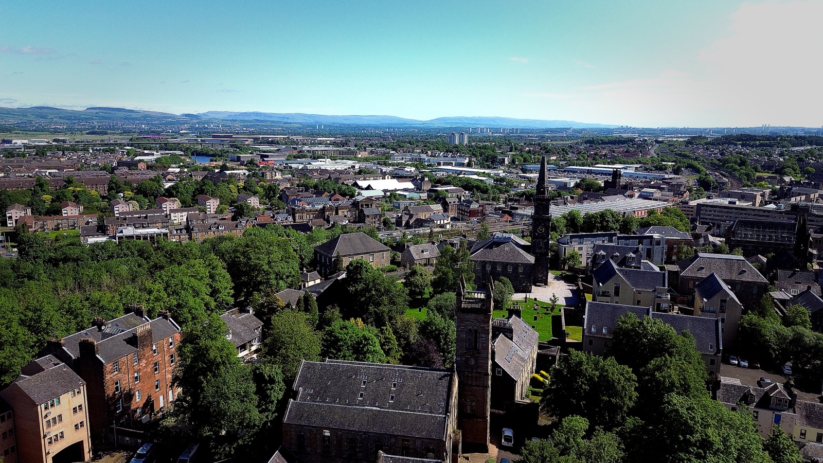 Aerial view over Paisley and Renfrewshire